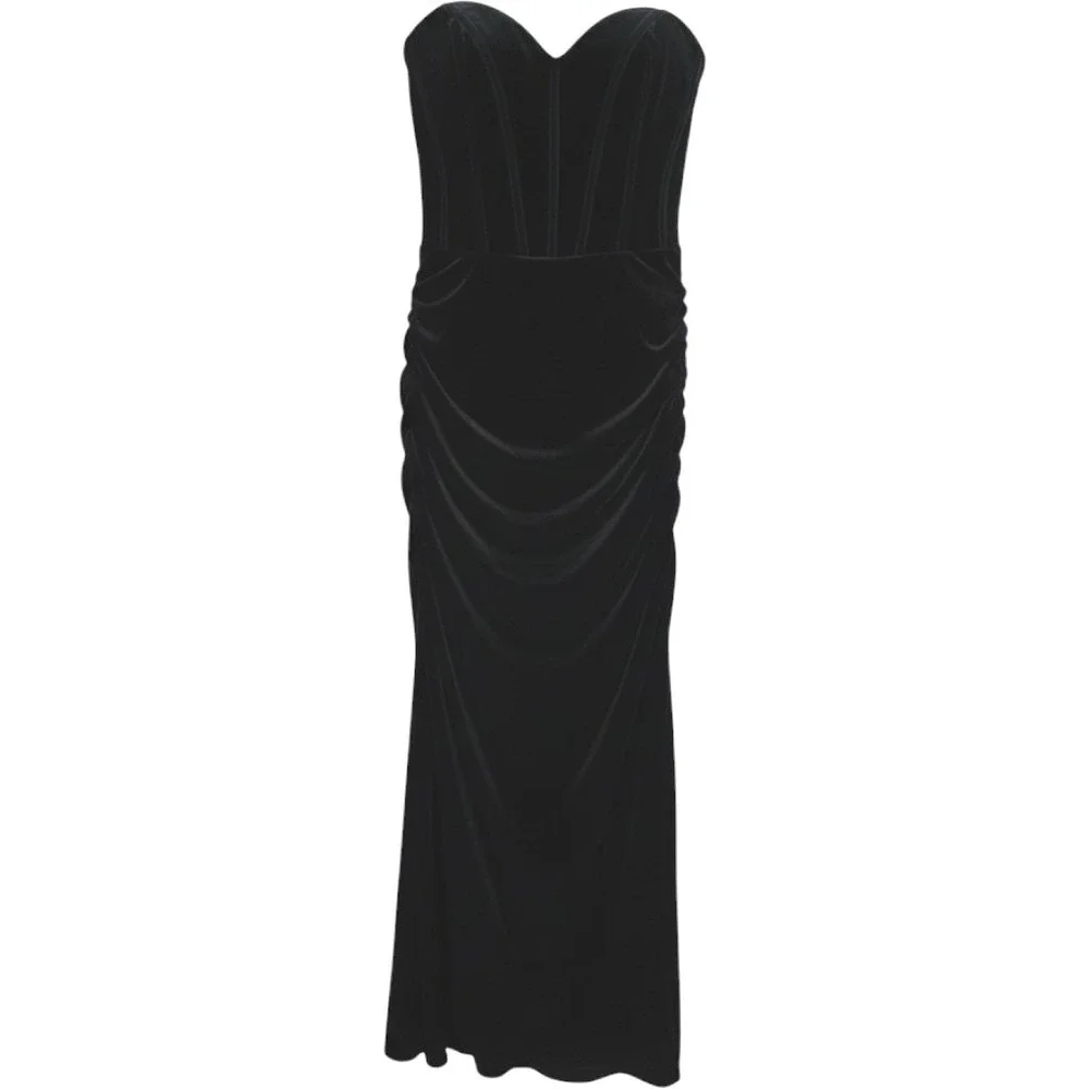 Fashion Nova Black Velvet Boned Corset Strapless Ruched Maxi Dress Size M Glam